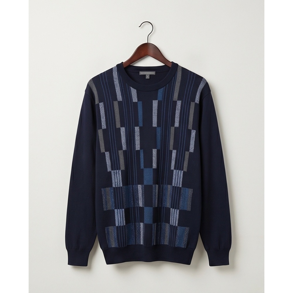 Saks Fifth Avenue L Mens‎ Navy Blue Wool Blend Geometric Crewneck Sweater Large